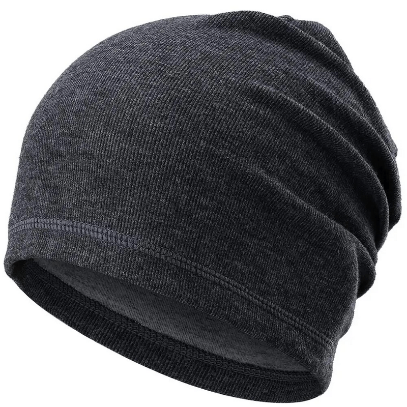 Dark gray casual elastic thermal beanie for men and women, featuring soft, breathable fabric blend of polyester, viscose, and spandex.
