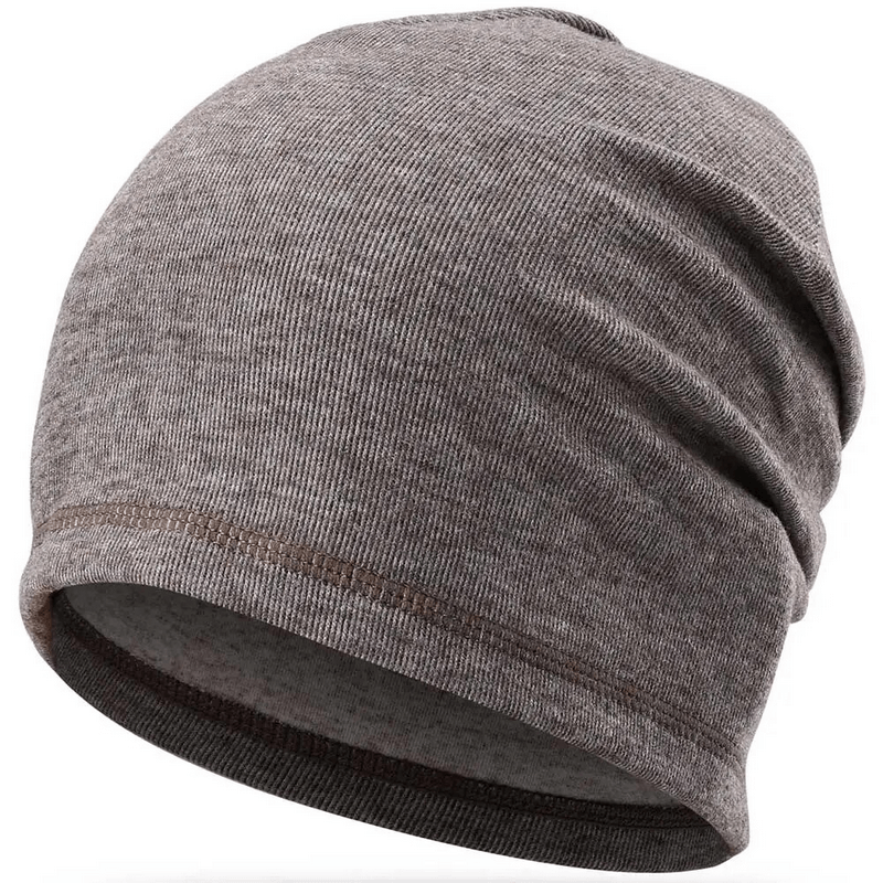 Casual elastic thermal beanie for men and women made of quick-drying polyester, viscose, and spandex in a neutral earthy tone.