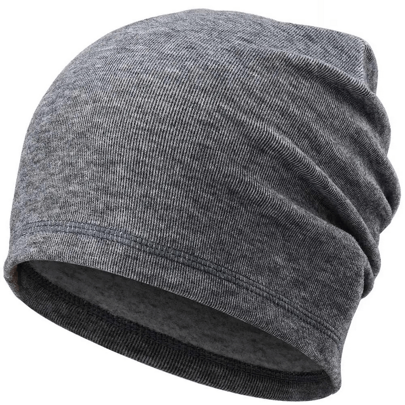 Gray casual elastic thermal beanie for men and women, lightweight and breathable with a blend of polyester, viscose, and spandex.