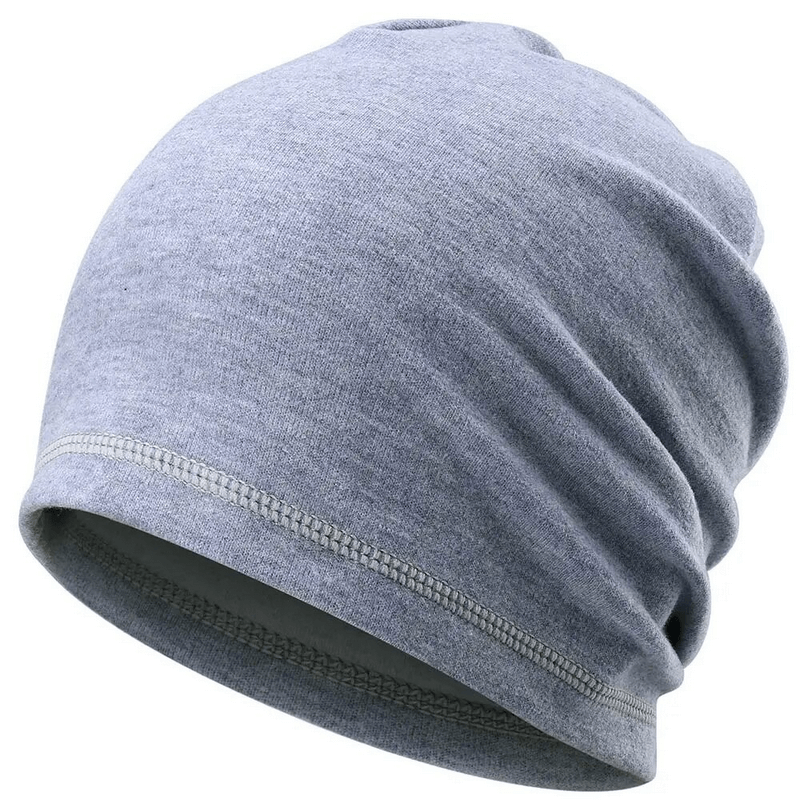 Light gray unisex thermal beanie, breathable and stretchy, made of quick-drying polyester and spandex for warmth and comfort.