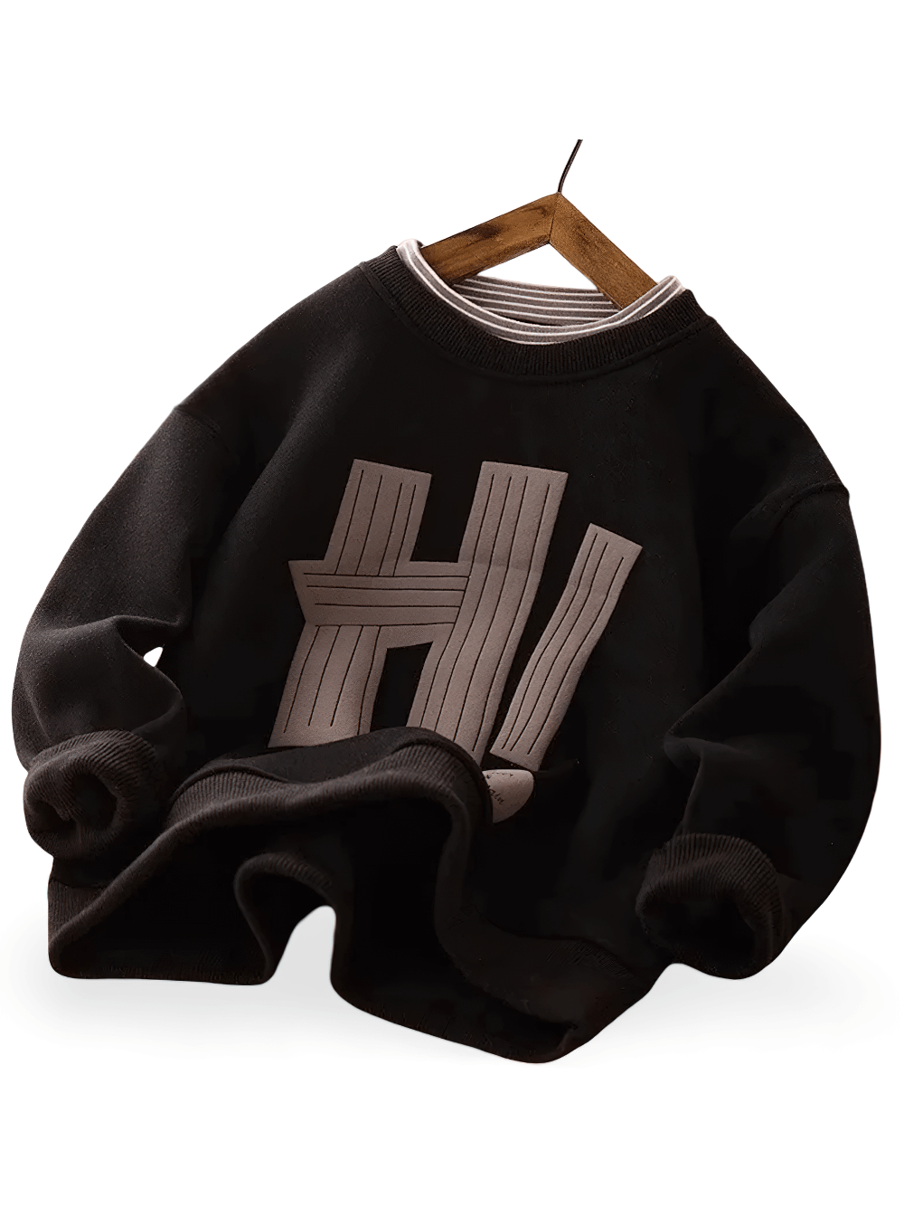 Casual Fleece Sweatshirt with Letter Print - SF3533 bold "H!" graphic, kids crew neck pullover with soft inner layer and ribbed cuffs.