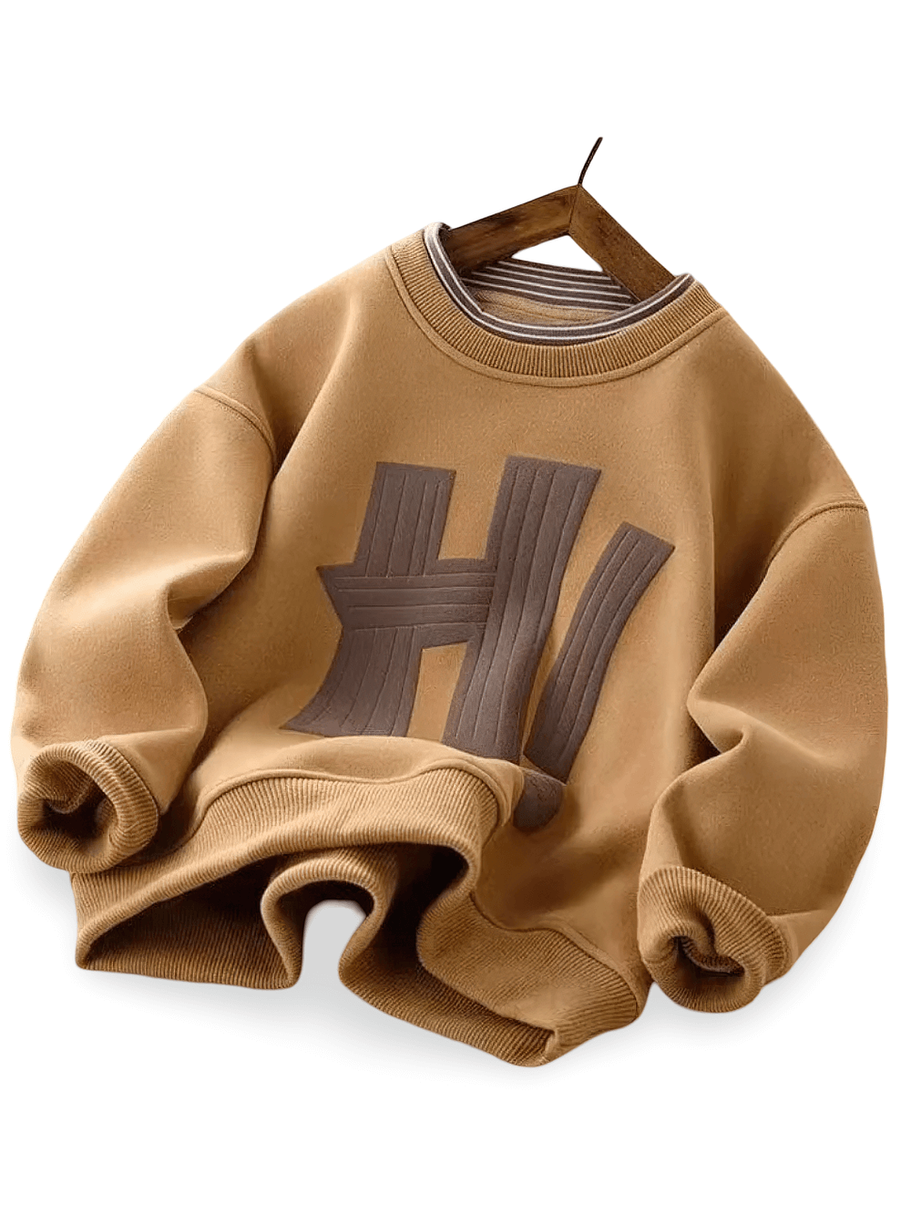 Casual Fleece Sweatshirt with Letter Print - SF3533, kids pullover with "H!" graphic, ideal for layering, brown
