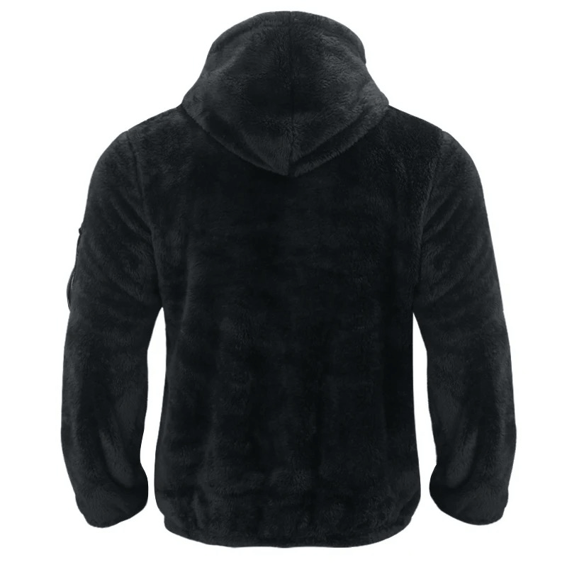 Back view of black casual fleece zip-up hooded jacket for men, SF1897, featuring cozy cotton/polyester blend, perfect for outdoor activities.
