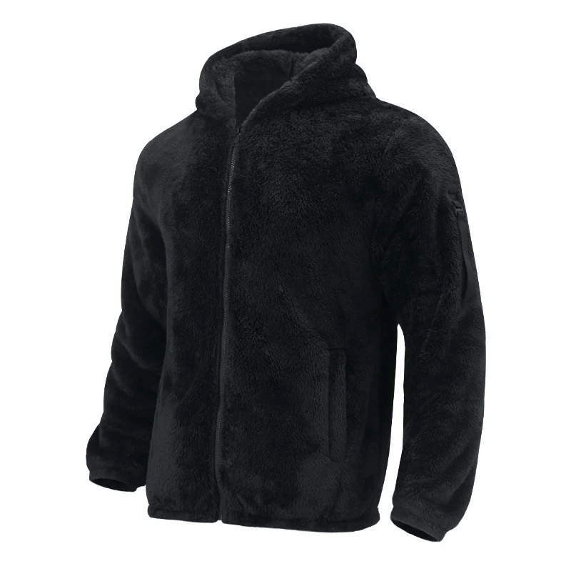 Men's black casual fleece zip-up hooded jacket SF1897, cozy cotton/polyester, perfect for outdoors, warm and stylish.