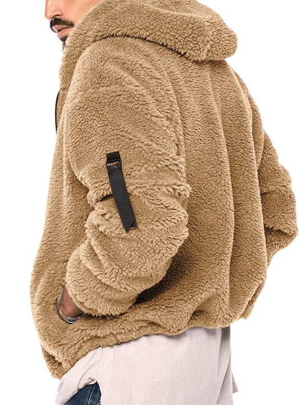 Casual men's fleece zip-up hooded jacket in brown, side view, perfect for outdoor activities.