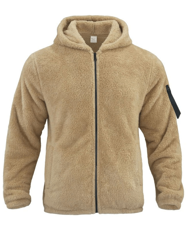 Men's casual fleece zip-up hooded jacket SF1897 in beige, featuring cotton-polyester blend and unconventional cuffs for outdoor style.