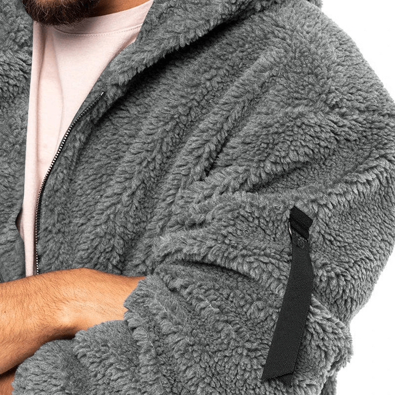 Men's grey fleece zip-up jacket with hood, perfect for casual outdoor activities, featuring unconventional cuffs - SF1897