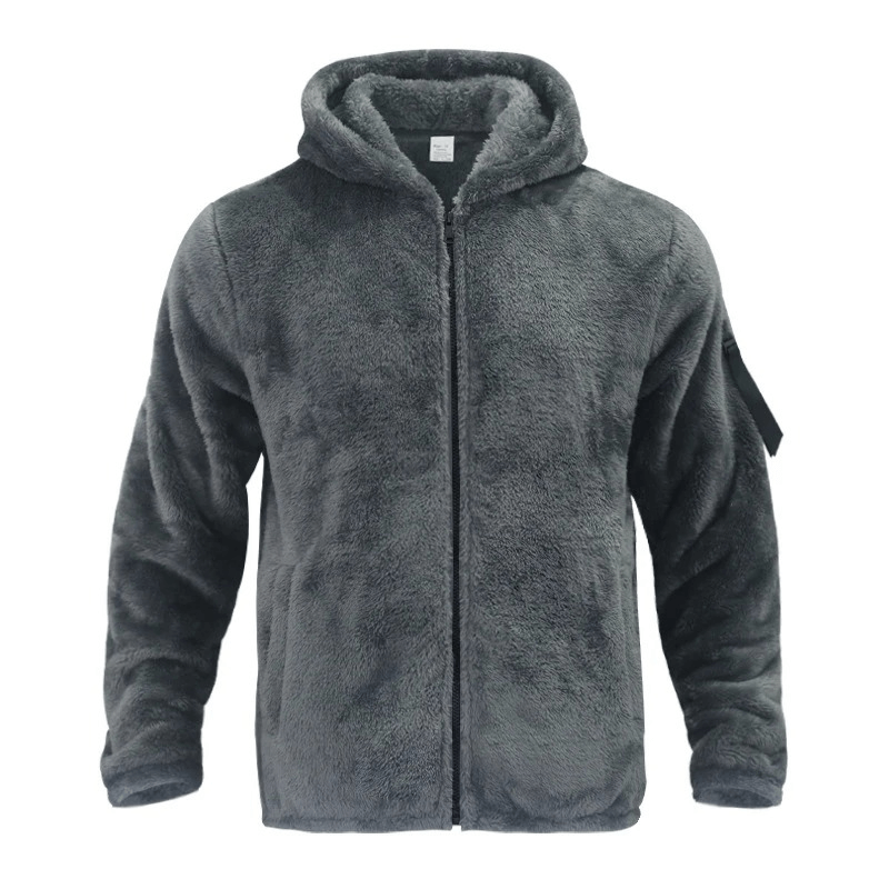 Gray fleece zip-up hooded jacket for men SF1897, cotton/polyester blend, cozy and stylish with regular thickness and secure fit.