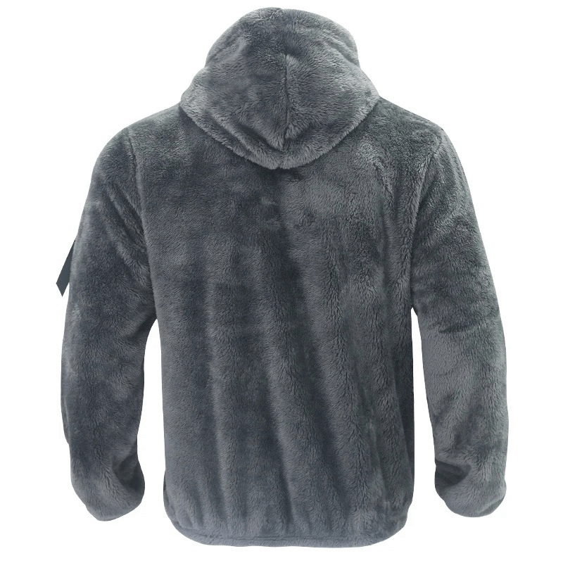 Grey fleece zip-up hooded jacket for men, back view, cozy and stylish for outdoor activities.