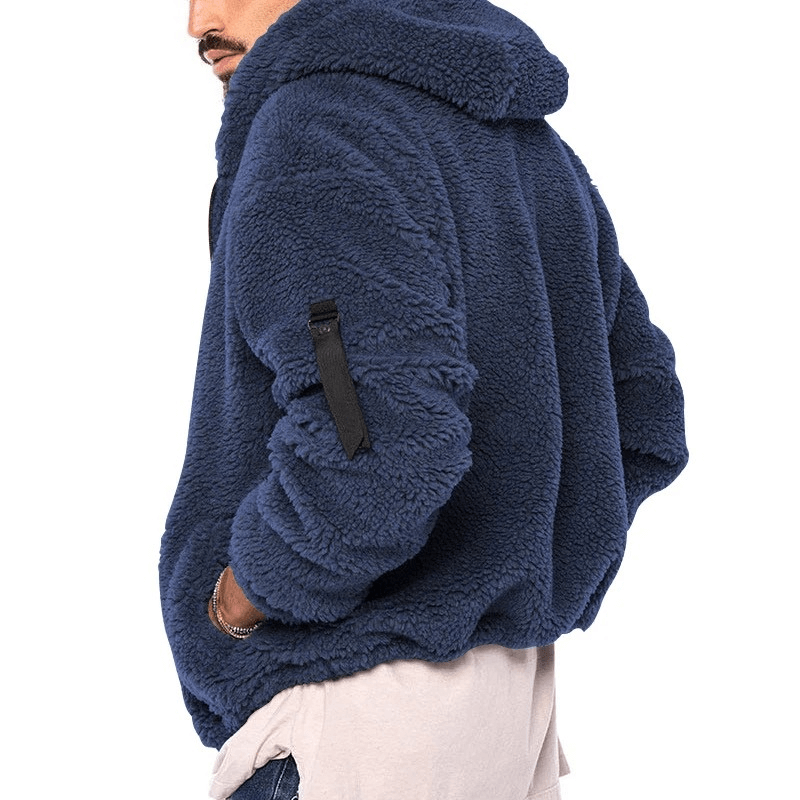 Men's casual fleece zip-up hooded jacket in navy blue, cozy cotton-poly blend, perfect for outdoor activities.
