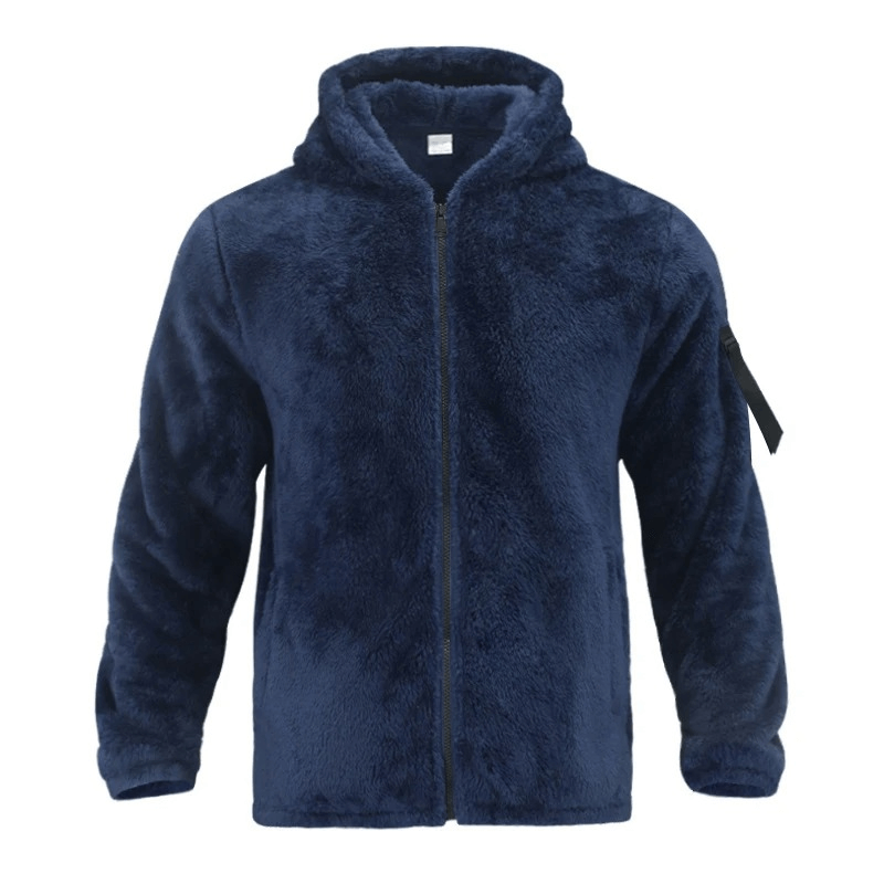 Navy blue casual fleece zip-up hooded jacket for men, SF1897, featuring standard thickness and zipper closure for outdoor activities.