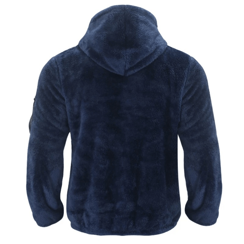 Back view of men's casual fleece zip-up hooded jacket in navy blue, made of cotton and polyester, perfect for outdoor activities - SF1897