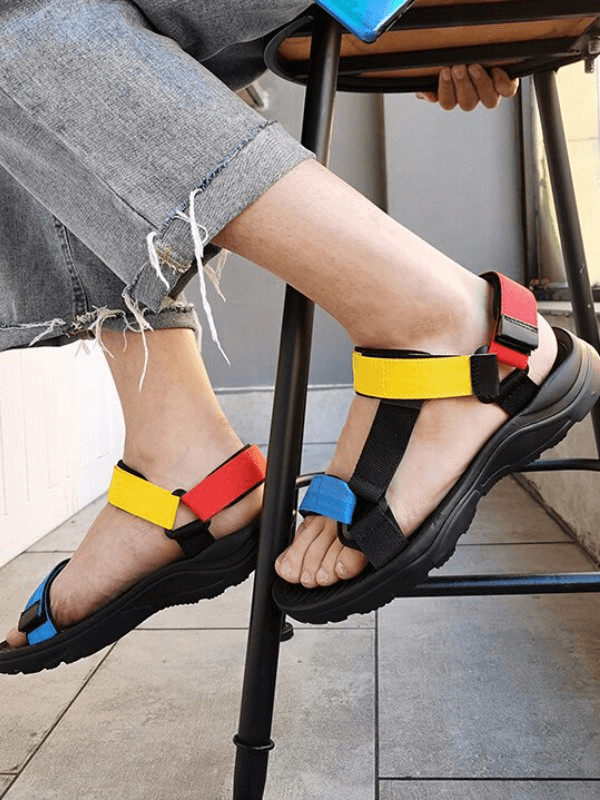 Colorful casual flexible sports men's sandals with Velcro, featuring breathable air mesh and durable rubber outsole, perfect for summer.