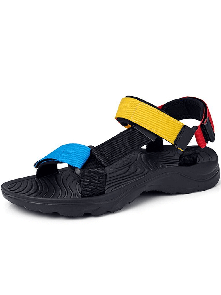 Men's casual sports sandals with Velcro straps in vibrant colors, breathable mesh upper, and durable rubber outsole.