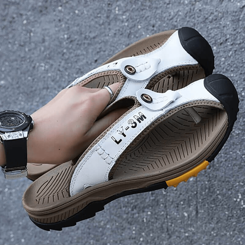 Casual Men's Genuine Leather Anti-slip Flip Flops - SF1068, stylish white leather with durable rubber sole, perfect for any season.