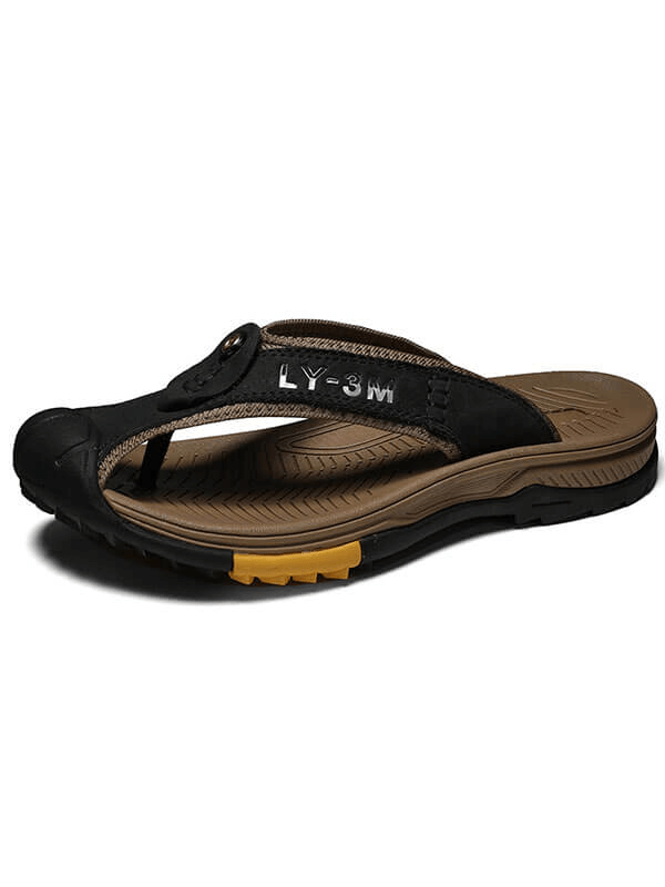 Casual men's genuine leather anti-slip flip flops with padded insole and rubber outsole; model SF1068, perfect for all-day comfort.