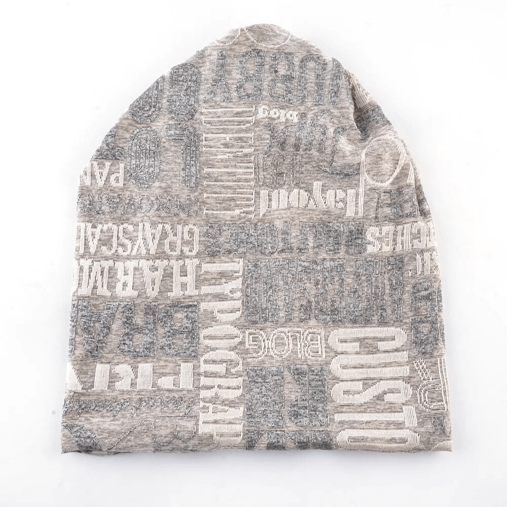 Casual unisex scarf-hat with knitted letter and flower pattern in gray, cotton-polyester blend for stylish outdoor wear, SF1694.