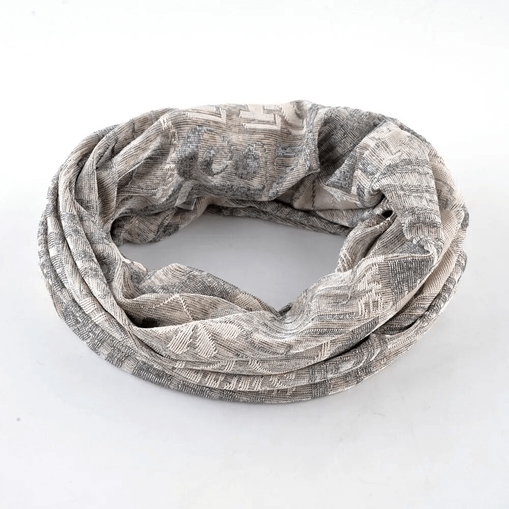 Casual unisex scarf-hat with knitted letters and flower pattern in cotton-polyester blend, ideal for stylish outdoor activities.