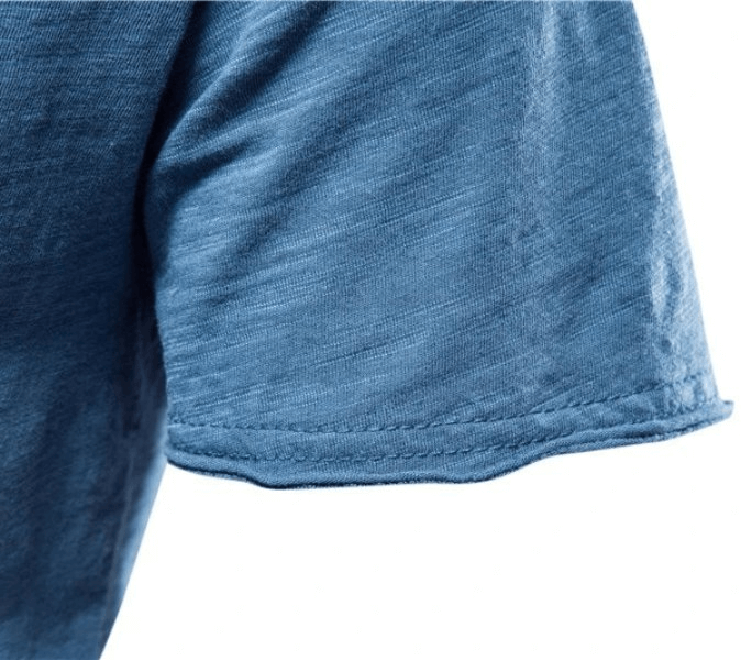 Close-up of blue short-sleeve detail on a men's casual solid color sports crew neck T-shirt, perfect for athletic wear, style SF1785.