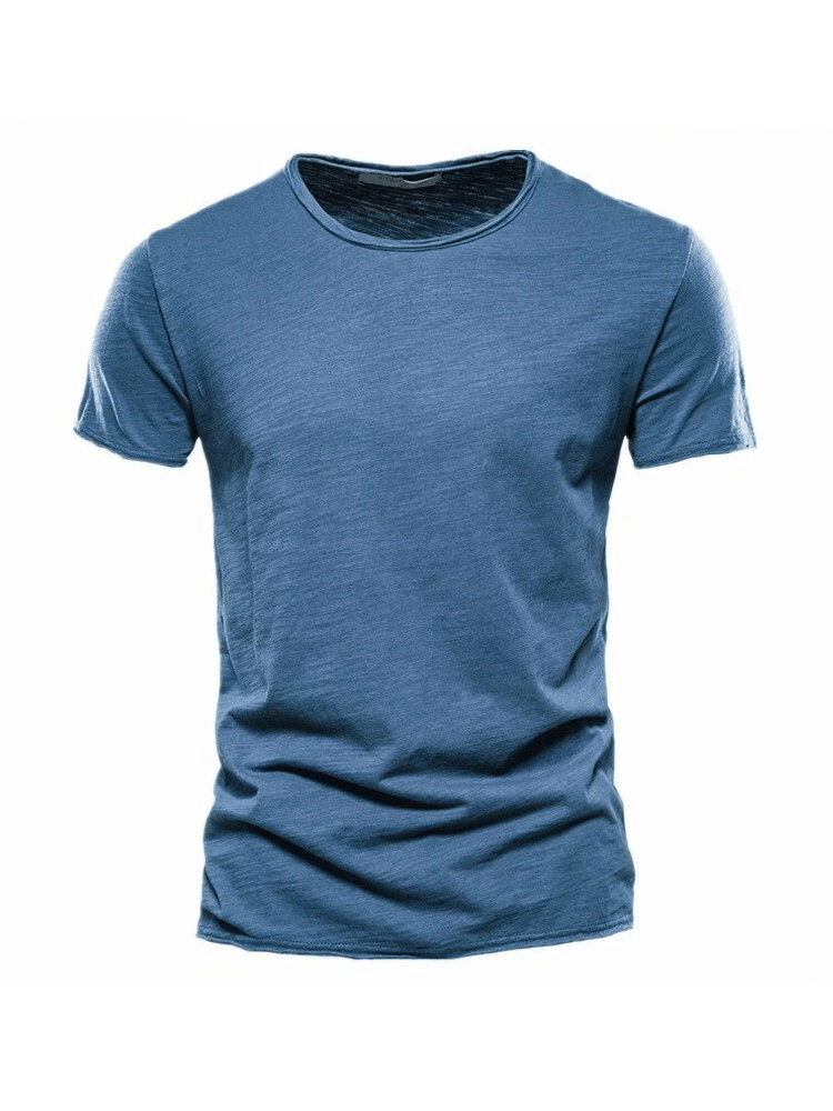 Men's casual solid color crew neck sports t-shirt, blue, 100% cotton, short sleeve, comfortable for workouts and everyday wear.