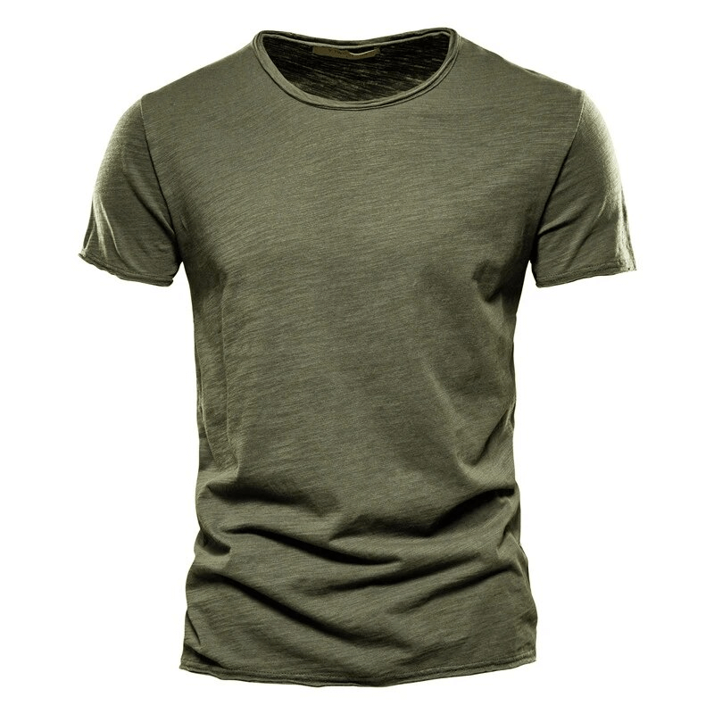 Casual solid color sports crew neck t-shirt for men in olive green, 100% cotton, O-neck, short sleeve, perfect for workouts.