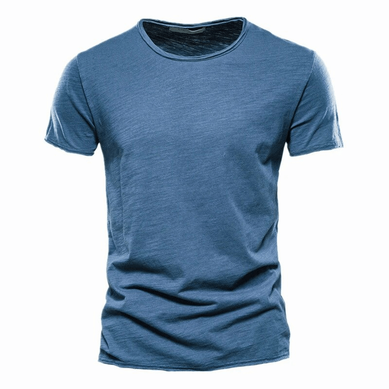 Casual solid color blue sports crew neck t-shirt for men, perfect for workouts and casual wear, made from 100% cotton fabric.