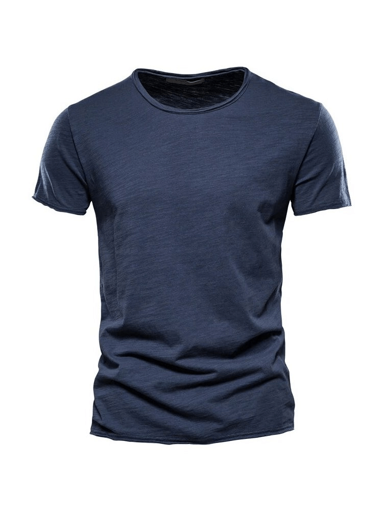 Casual solid color sports crew neck t-shirt for men, navy blue, short-sleeve, O-neck, 100% cotton, perfect for workout or everyday wear.
