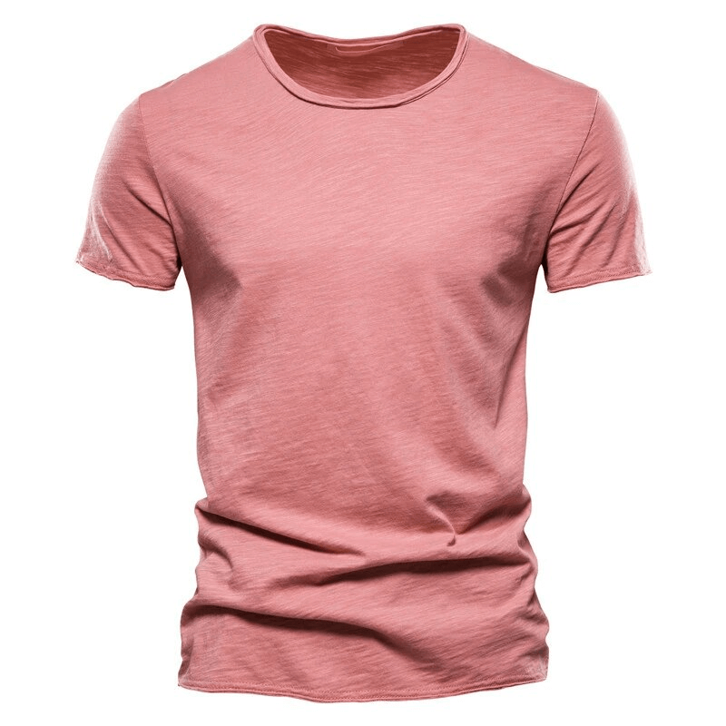Men's casual pink solid color sports crew neck T-shirt, stylish and comfortable cotton short-sleeve for workouts and casual wear.