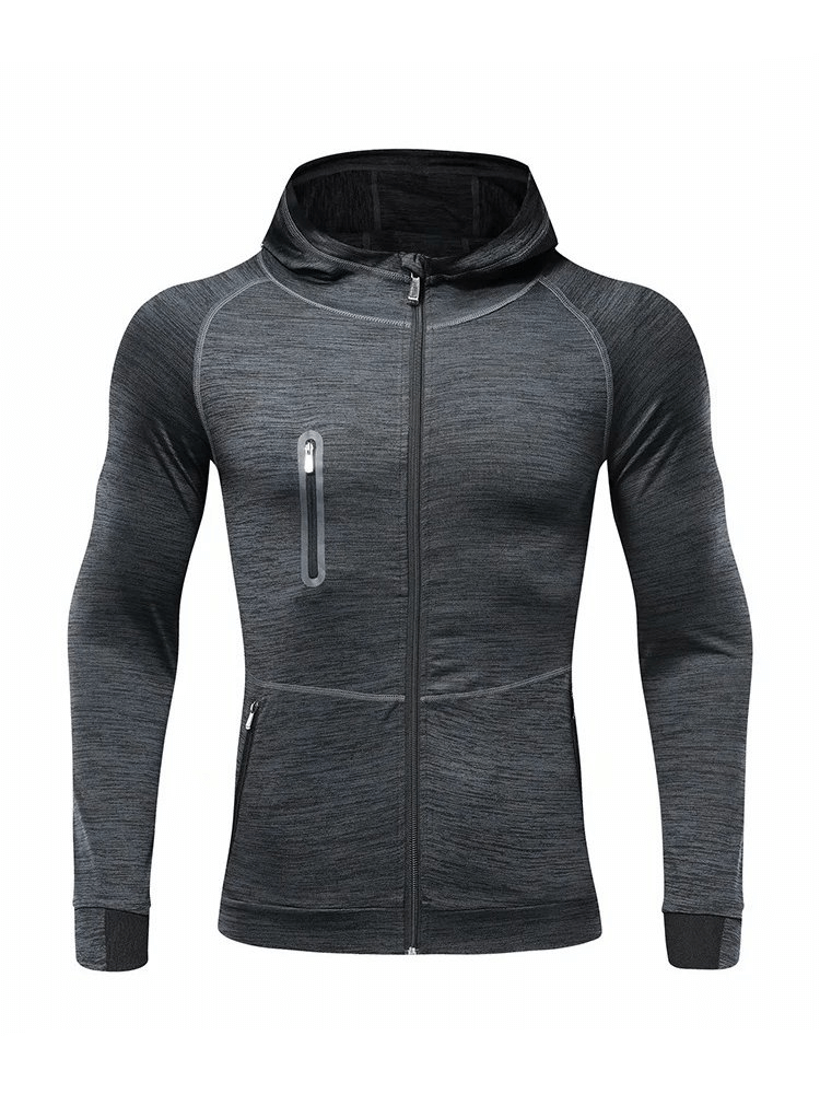 Men's casual solid color hooded sweatshirt with zipper, designed for running, featuring durable polyester and spandex material.