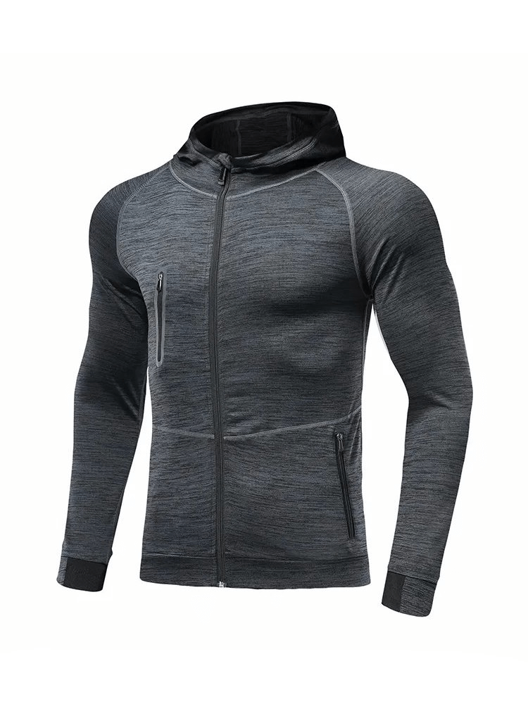 Men's casual solid color zipper hooded sweatshirt for running, made from polyester and spandex. Features a sleek design and windproof material.