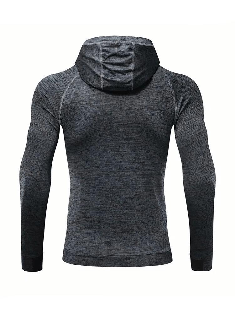 Back view of men's solid color hooded sweatshirt SF1834, featuring a casual design with zipper, made of polyester and spandex for running.