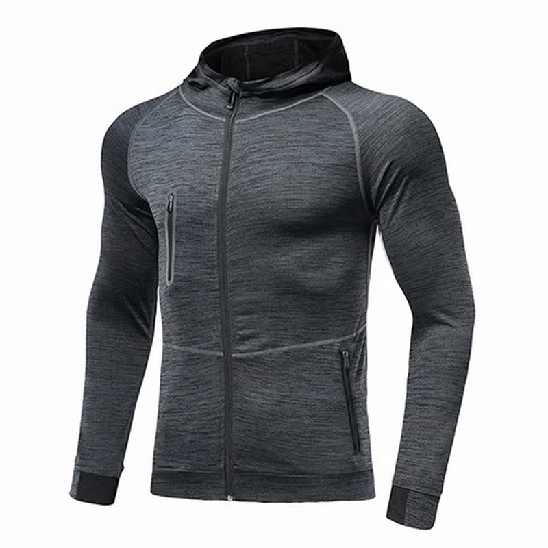 Men's casual solid color hooded sweatshirt, zipper closure, polyester-spandex blend; ideal for running with anti-pilling and breathable features.