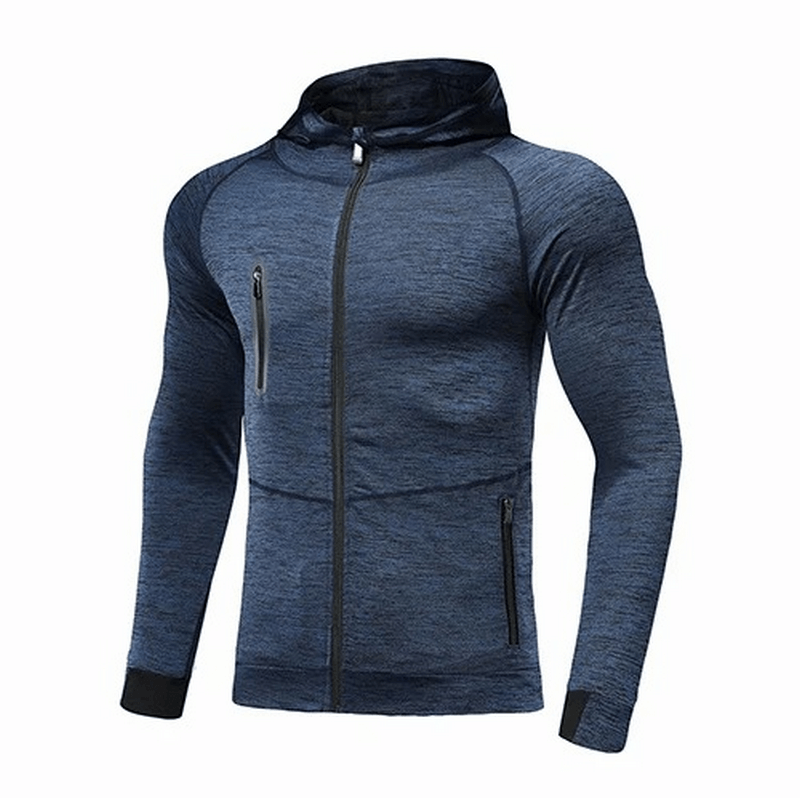 Casual solid color hooded sweatshirt for men with zipper, designed for comfort during runs, features durable polyester and spandex material.