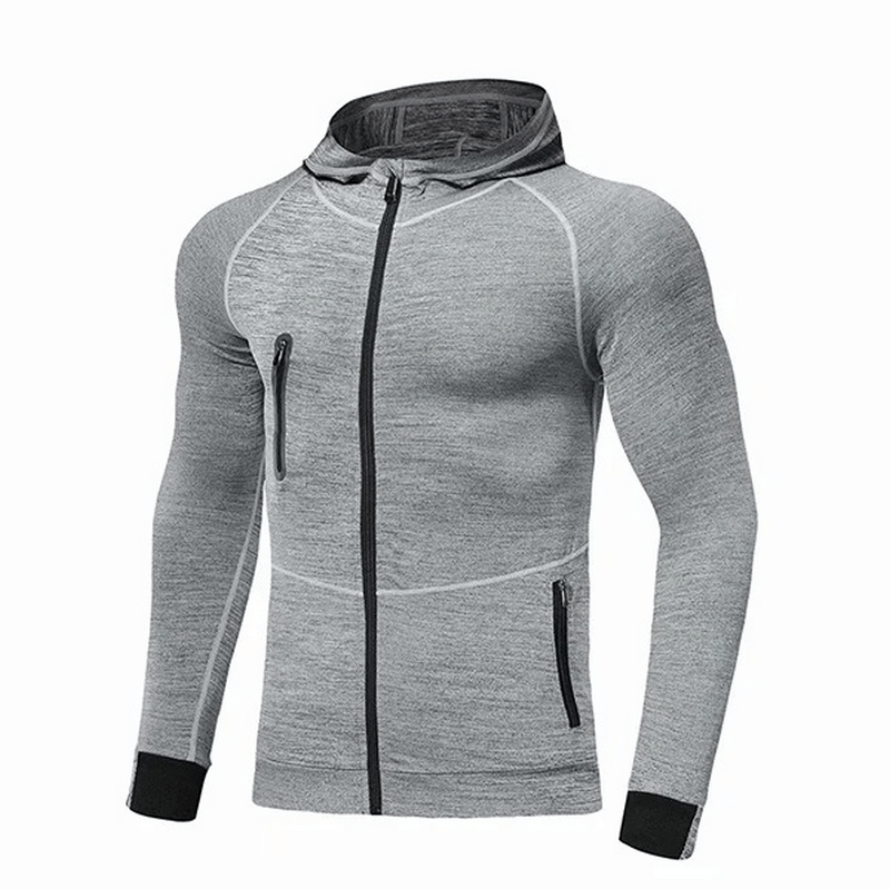 Men's gray solid color zipper hooded sweatshirt, perfect for running, made of durable polyester and spandex. SF1834 fashion.