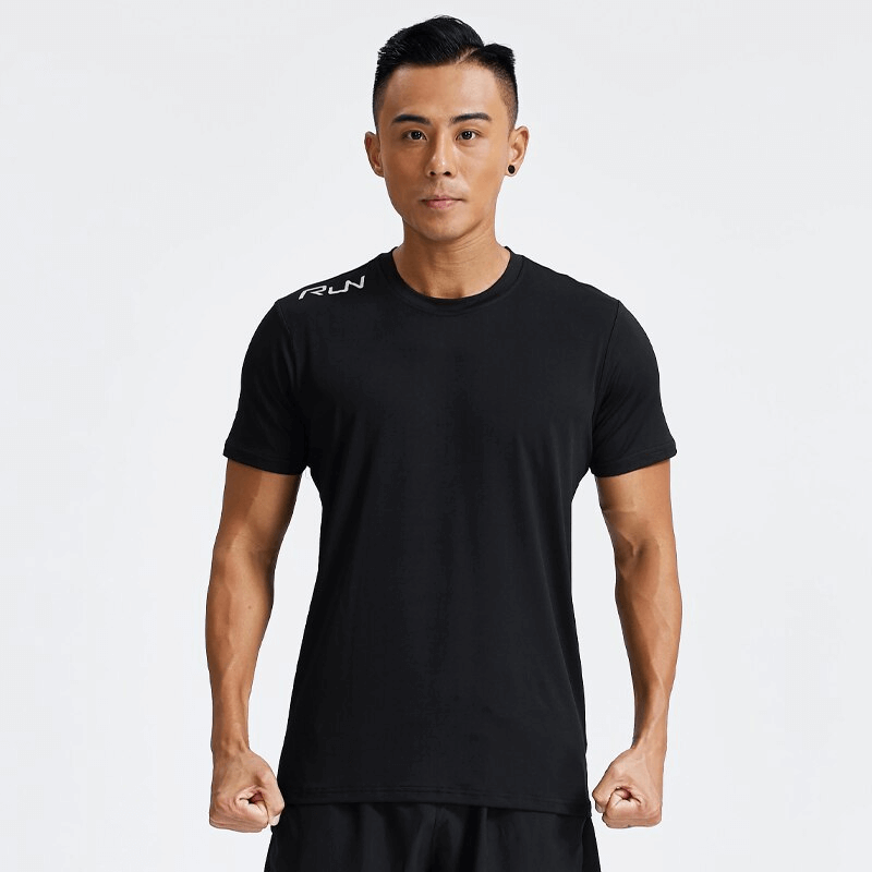 Casual Sport Quick Dry Men's T-Shirt with Reflective Stripes, breathable polyester, black color, front view modeled, SF1515.
