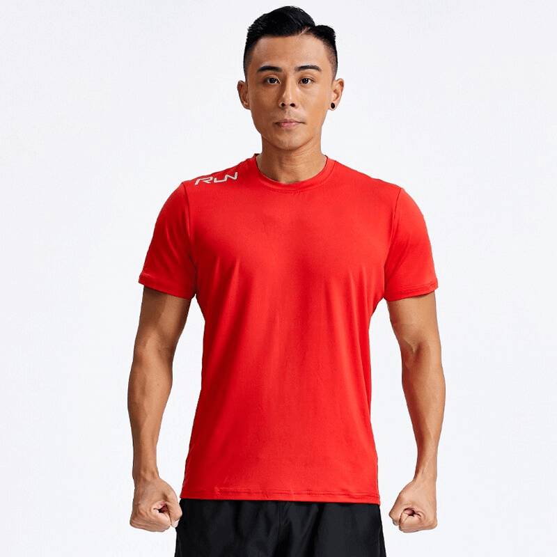 Man wearing red Casual Sport Quick Dry Men's T-Shirt with Reflective Stripes, ideal for stylish and comfortable workouts.