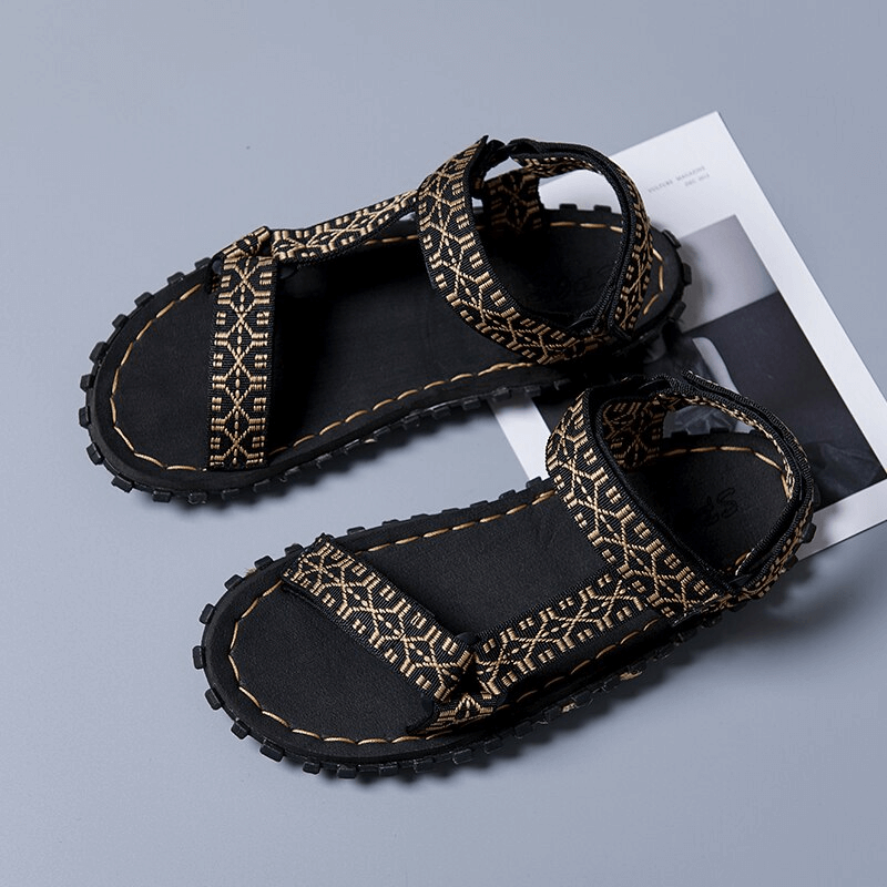 Casual stylish lightweight men's sandals with Velcro, featuring geometric pattern, breathable air mesh, and rubber sole for comfort and stability.