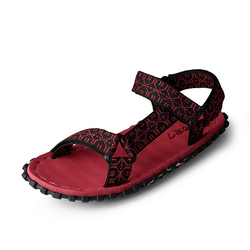 Casual stylish lightweight men's sandal with Velcro in black and red, featuring air mesh and rubber for comfort and durability.