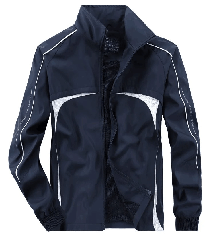 Men's casual track suit jacket with mandarin collar and zipper closure in navy, spring autumn sportswear. SF2034 polyester blend.
