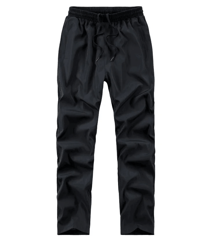 Men's black elastic waist track pants with drawstring, perfect for casual wear and sports. Durable polyester fabric for spring and autumn.