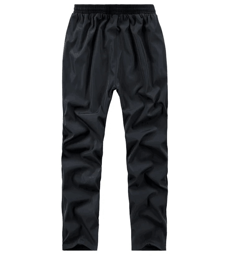 Black elastic waist polyester men's track pants with a stylish fit.