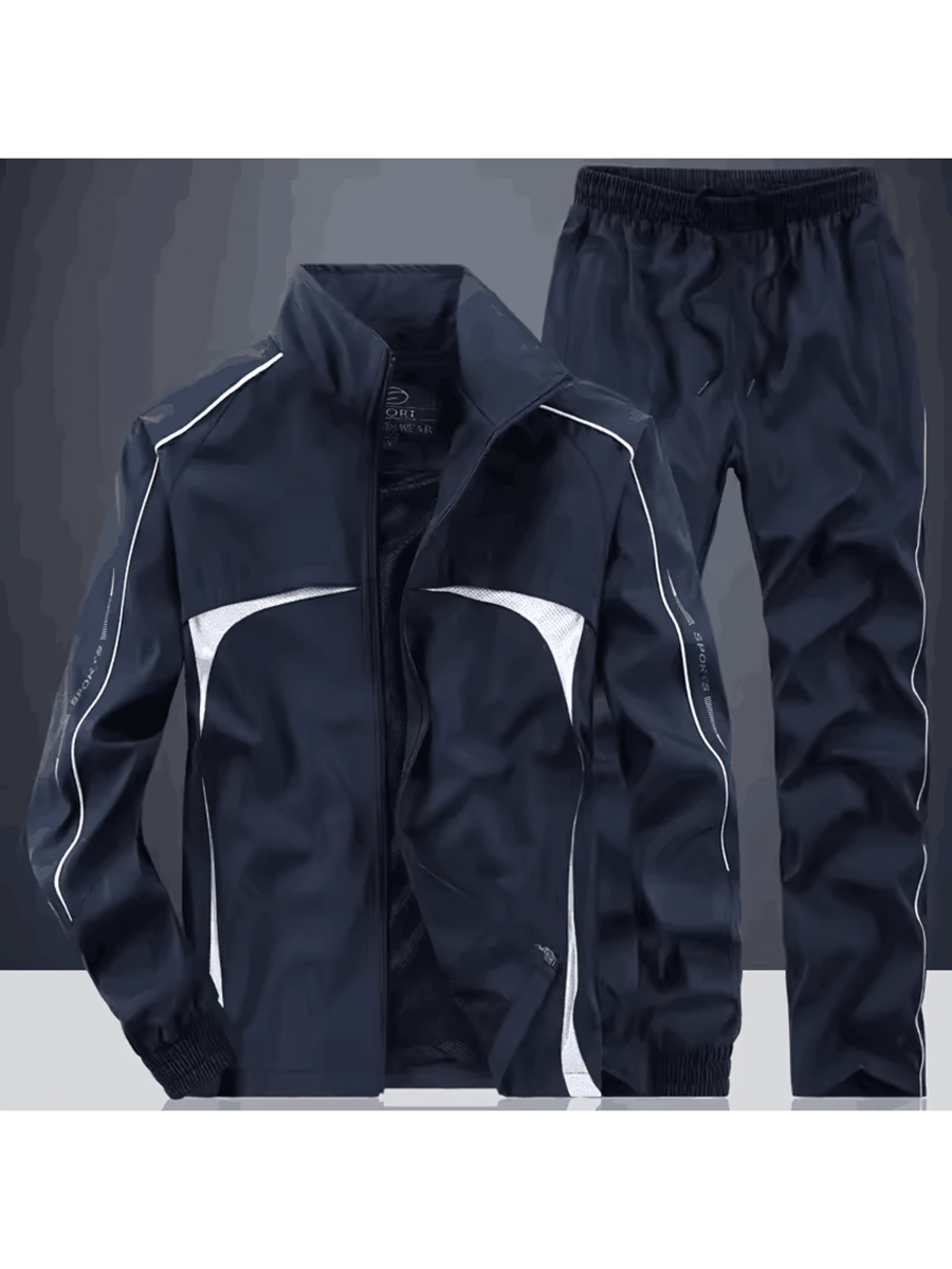 Men's casual track suit with long sleeves, zippered jacket, and elastic waist pants - navy blue with white accents, SF2034.