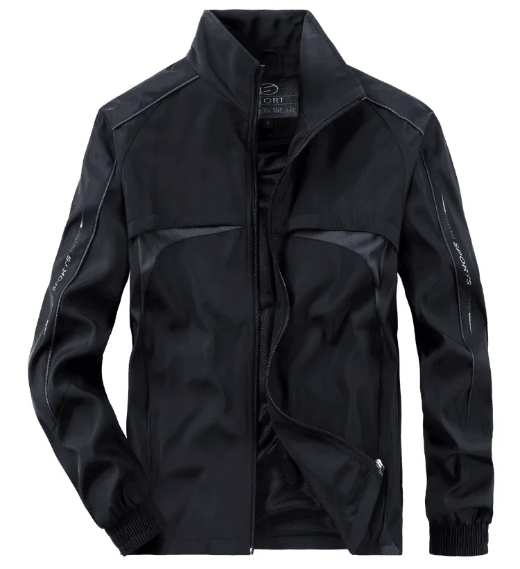 Men's black track jacket with mandarin collar and zippered closure, part of a casual sportswear set for spring and autumn.