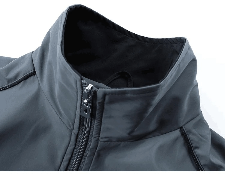 Close-up of black zippered mandarin collar jacket from Men's Casual Track Suit - SF2034, perfect for spring and autumn sportswear.