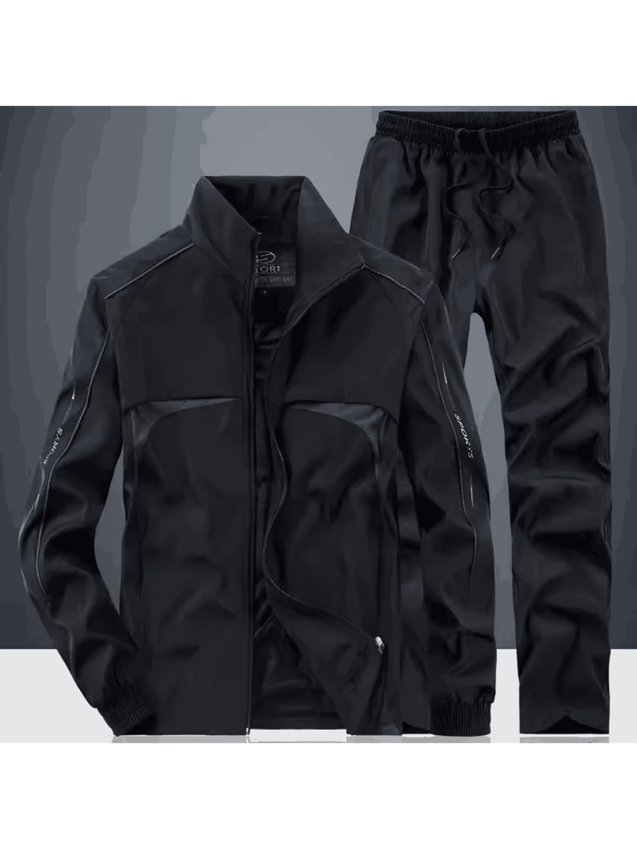 Men's casual track suit with zippered jacket and elastic waist pants, featuring a mandarin collar and stylish printed pattern.