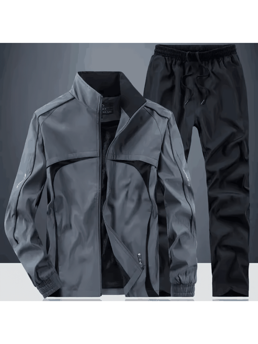 Men's casual track suit with zippered jacket and elastic waist pants, featuring a mandarin collar and stylish print for spring and autumn.