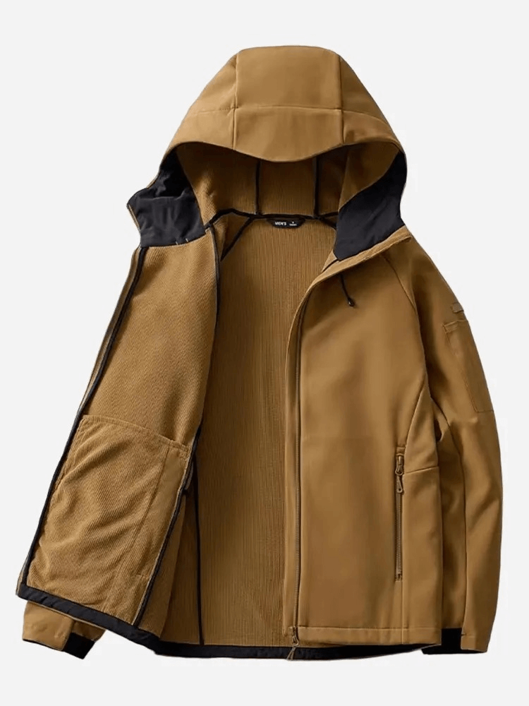 Casual waterproof men's zipper jacket with hood SF0689, brown polyester and fleece, showcasing inside details and zippered pockets.