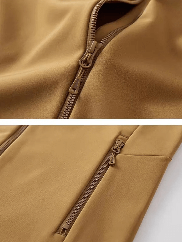 Close-up of a brown waterproof men's jacket showing zipper details and sleek polyester fabric.