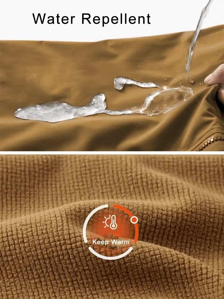 Close-up of water-repellent fabric and warming fleece texture in casual men's waterproof jacket SF0689.