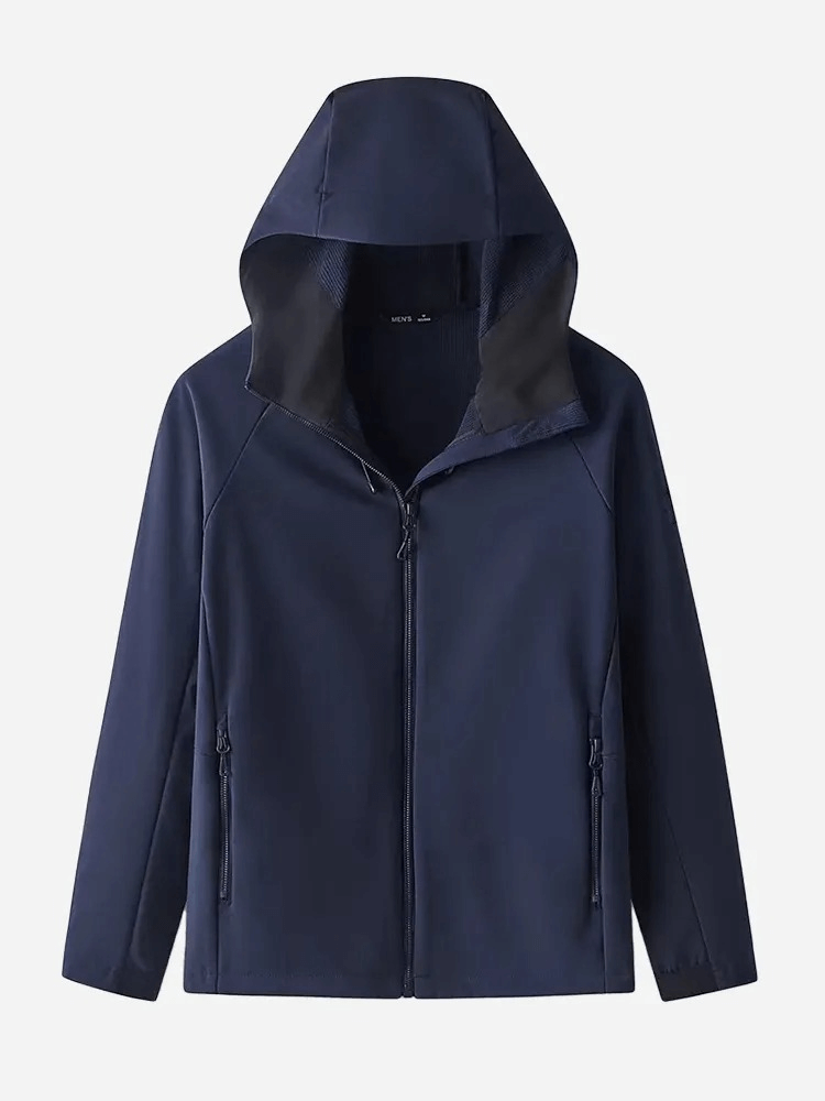 Casual waterproof men's zipper jacket with hood in navy blue, perfect for outdoor activities, featuring a sleek, solid pattern.